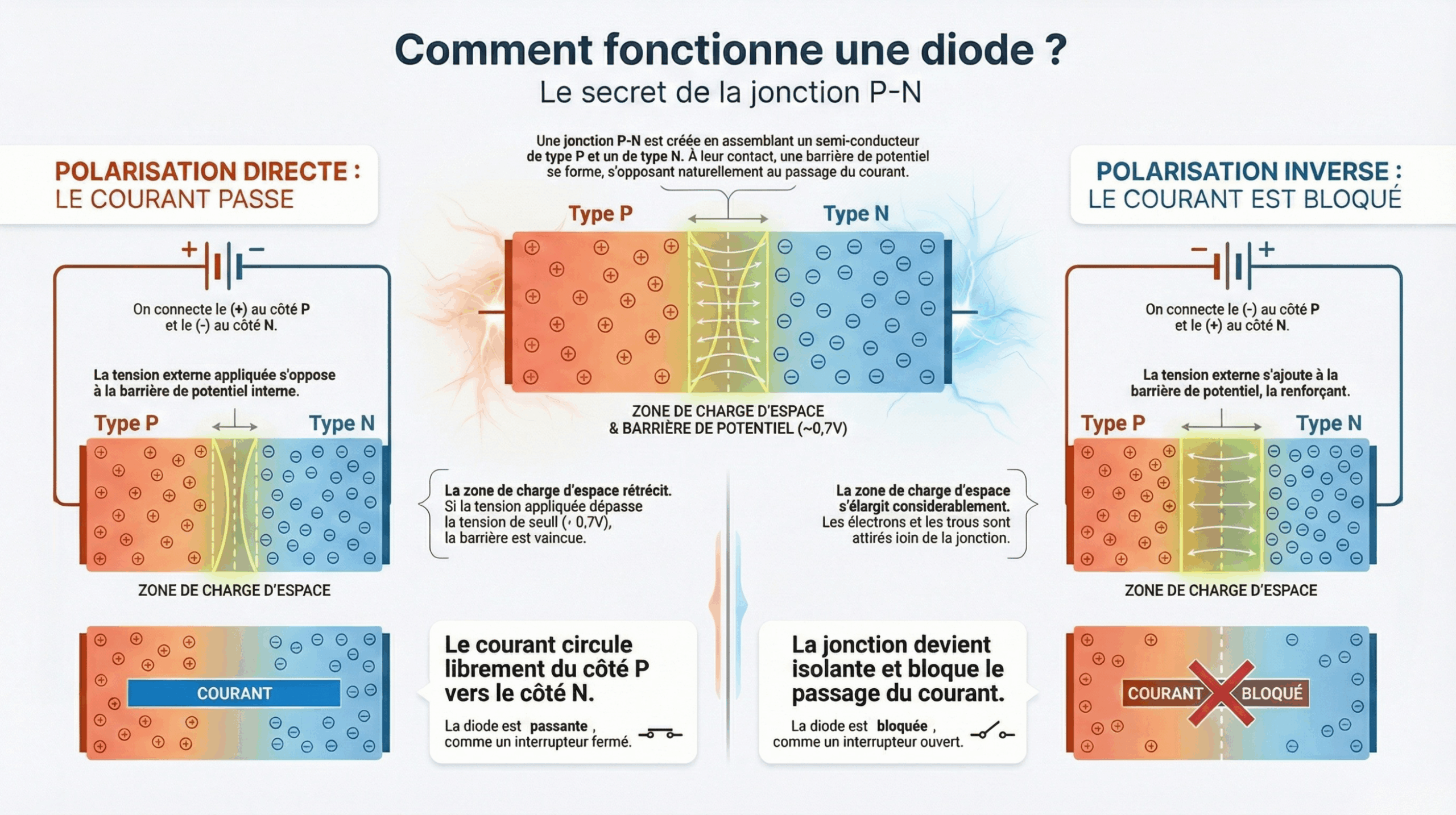 Fonctionnement d’une diode jonction PN Schéma illustrant le fonctionnement d'une diode à jonction PN, comparant la polarisation directe (courant passe) et la polarisation inverse (courant bloqué), avec la zone de charge d'espace.