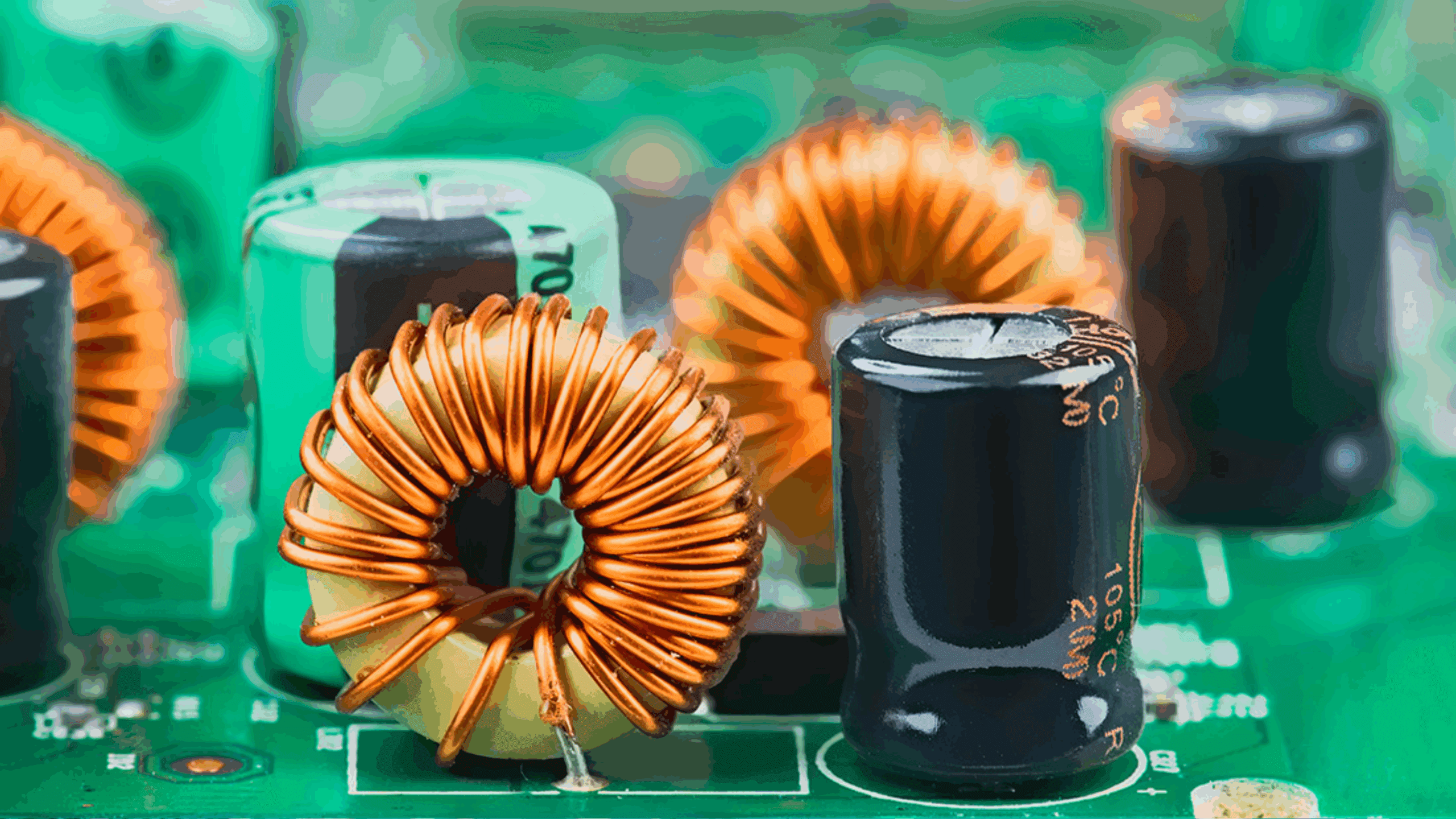 Une collection de composants électroniques passifs, incluant diverses inductances (bobines) et condensateurs.