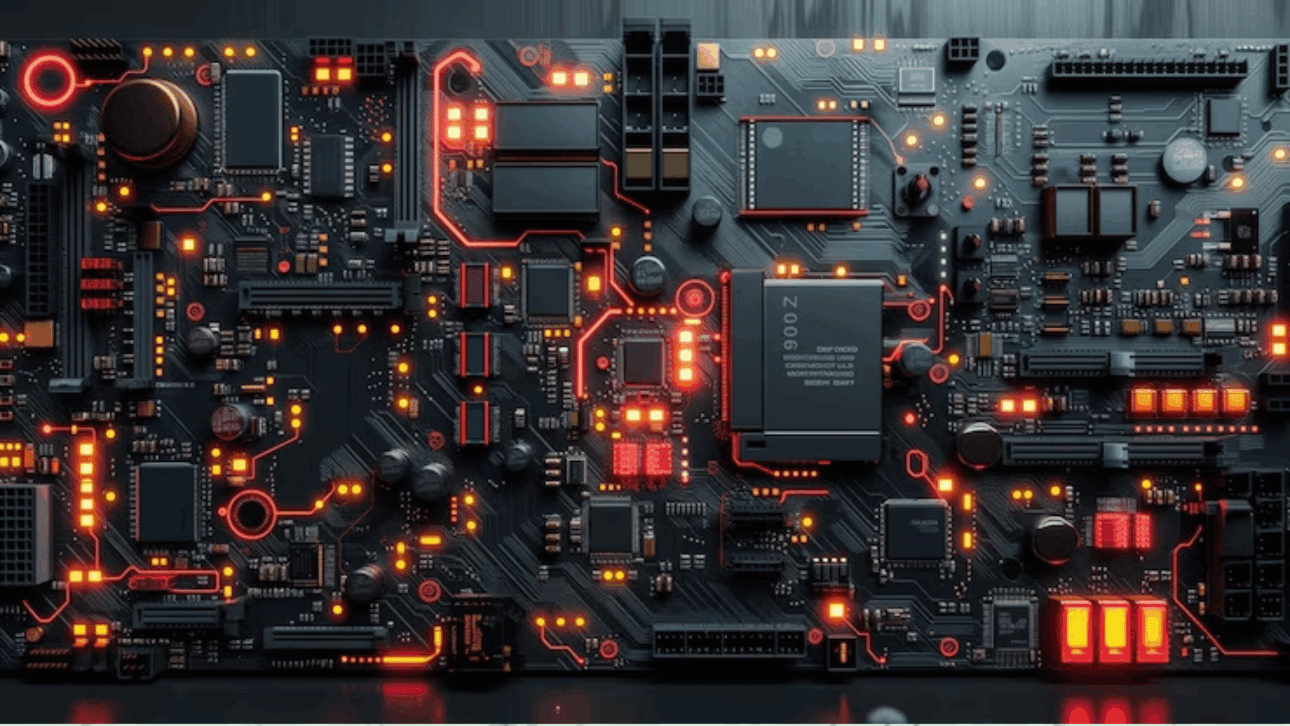 Une illustration numérique représentant des circuits électroniques avec des pistes lumineuses, symbolisant les lois et théorèmes de l'électronique.