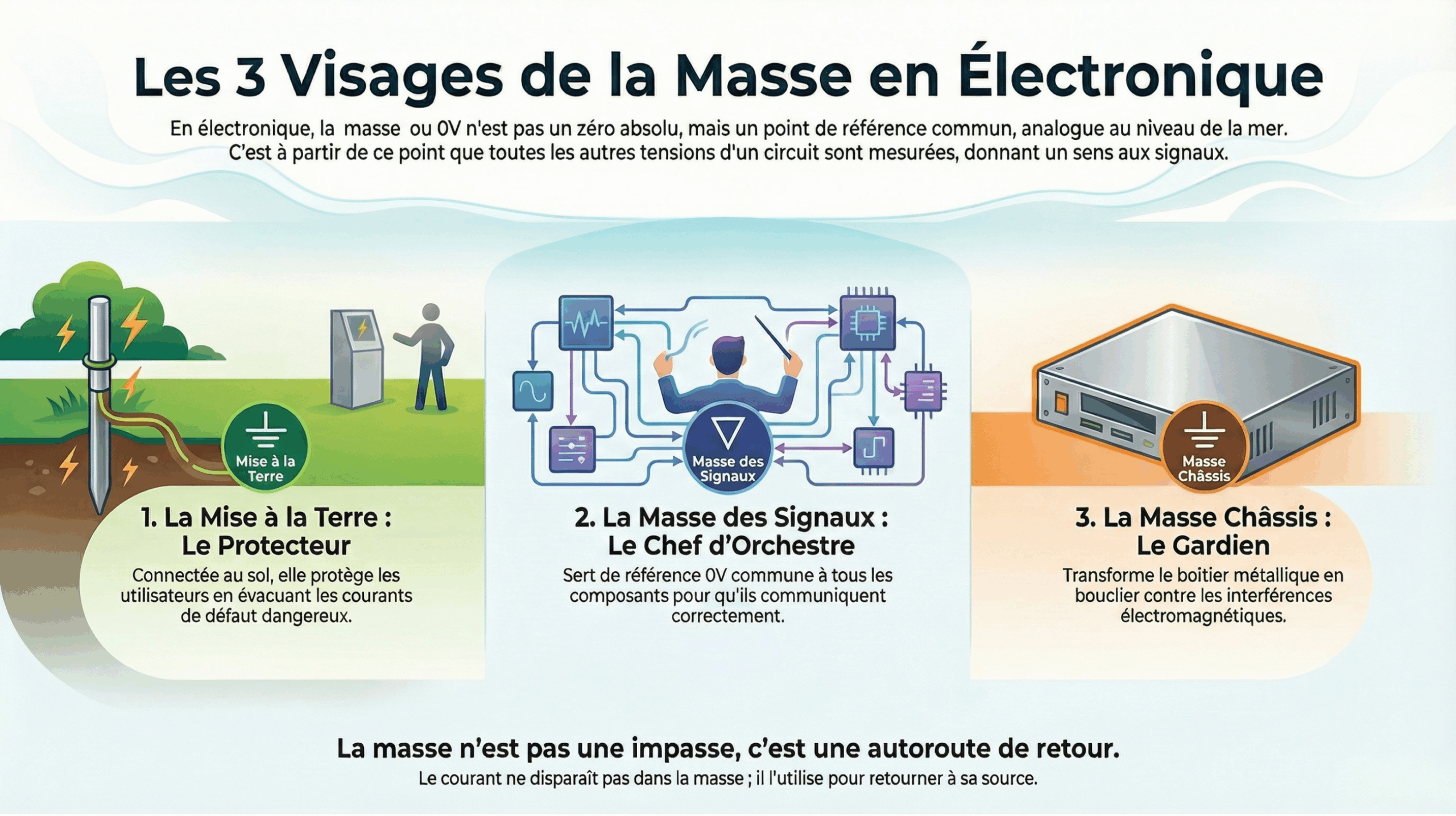 Schéma illustrant les 3 types de masses en électronique : la mise à la terre (le protecteur), la masse des signaux (le chef d'orchestre), et la masse châssis (Le gardien), ainsi que leurs rôles (protection, référence de communication, blindage CEM).
