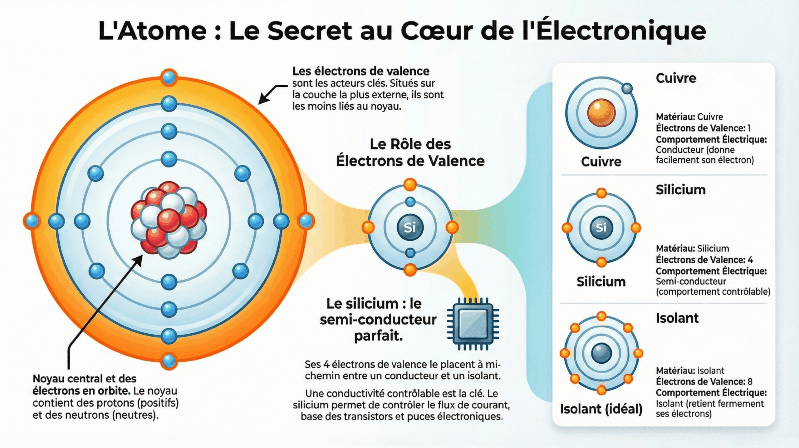 Diagramme expliquant le rôle de l'atome en électronique. Il montre un atome avec son noyau et ses électrons de valence, puis illustre comment le cuivre (1 électron de valence), le silicium (4 électrons de valence) et un isolant idéal (8 électrons de valence) influencent la conductivité électrique.