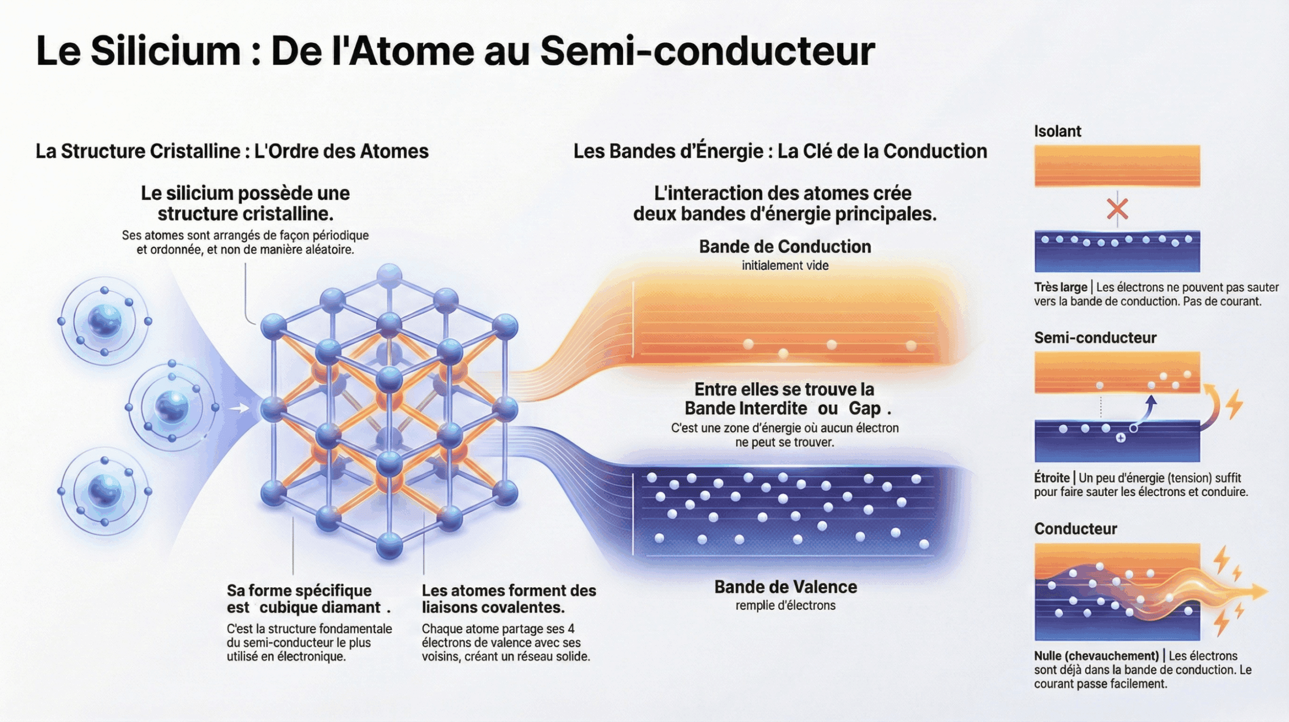 Diagramme expliquant le silicium semi-conducteur, de sa structure cristalline cubique diamant (atomes ordonnés) à la formation des bandes d'énergie (valence, conduction, gap) et la comparaison des bandes interdites pour les isolants, semi-conducteurs et conducteurs.