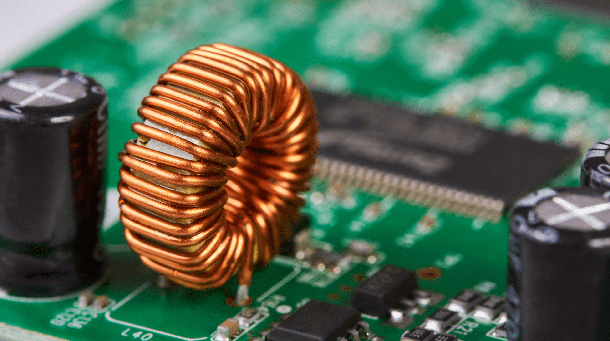 Gros plan macro sur une bobine d'inductance de couleur cuivre, de forme toroïdale (enroulement circulaire), soudée sur un circuit imprimé vert. Elle est entourée d'autres composants, dont des condensateurs électrolytiques cylindriques noirs et des composants de surface.