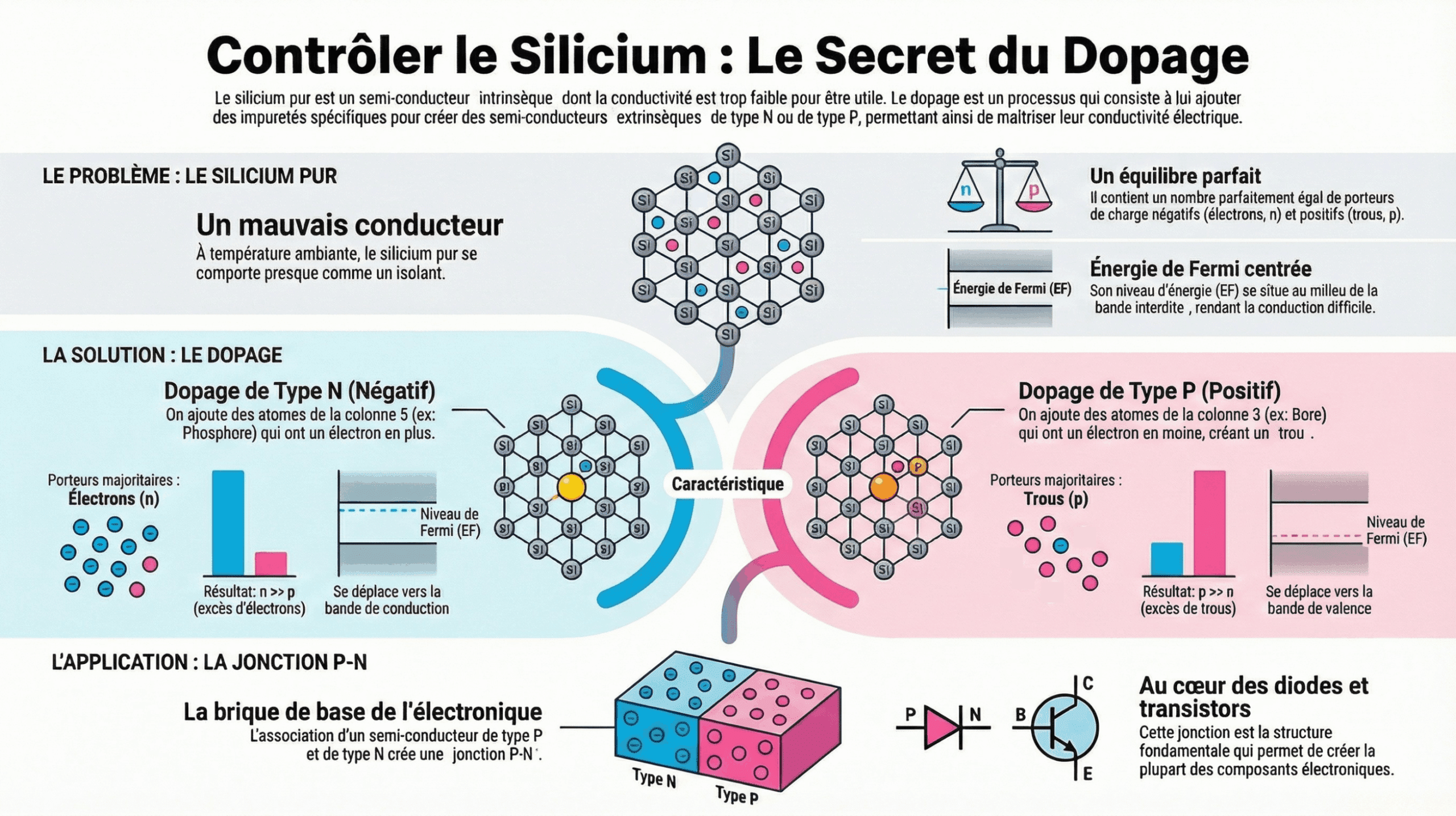 Diagramme expliquant le dopage du silicium pour créer des semi-conducteurs de type N (avec un excès d'électrons libres par ajout d'atomes de colonne 5 comme le Phosphore) et de type P (avec un excès de trous par ajout d'atomes de colonne 3 comme le Bore). Le schéma montre l'application de la jonction P-N, brique de base des diodes et transistors.