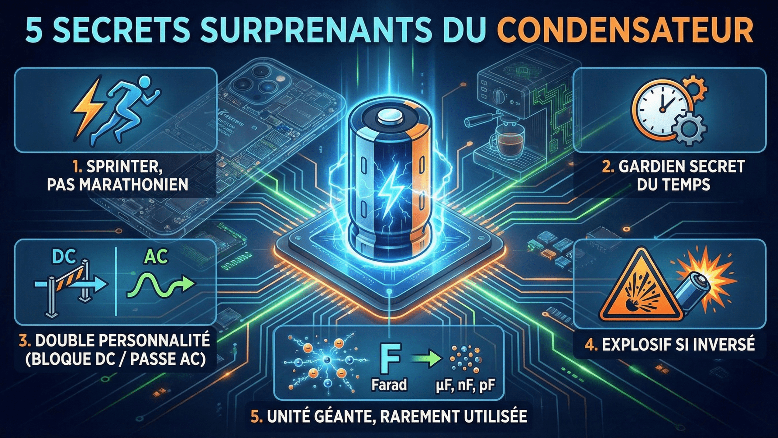 Infographie de style schéma technique bleu sur fond quadrillé, intitulée 5 SECRETS SURPRENANTS DU CONDENSATEUR. Au centre, un dessin de condensateur sur un circuit. Cinq cercles illustrés l'entourent : 1. Sprinter, pas marathonien (icône coureur) ; 2. Gardien secret du temps (icône horloge) ; 3. Double personnalité (Bloque DC / Passe AC) (schéma de filtrage de courant) ; 4. Explosif si inversé (icône danger explosion) ; 5. Unité géante, rarement utilisée (comparaison Farad vs microfarad).