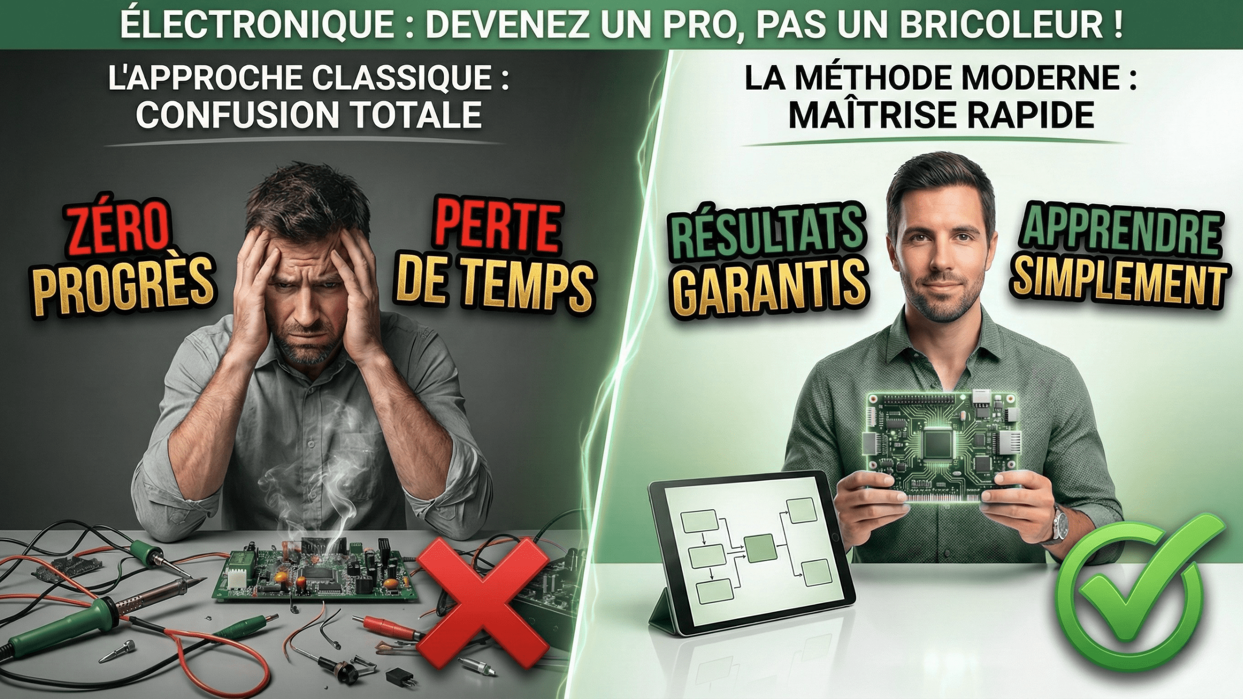 A gauche, un homme stressé devant un établi désordonné illustre l'approche classique confuse avec les textes "zéro progrès" et "perte de temps" ; à droite, un homme tenant une carte de circuit propre représente la méthode moderne avec les textes "résultats garantis" et "apprendre simplement". Le titre principal en haut est "Électronique : devenez un pro, pas un bricoleur !".