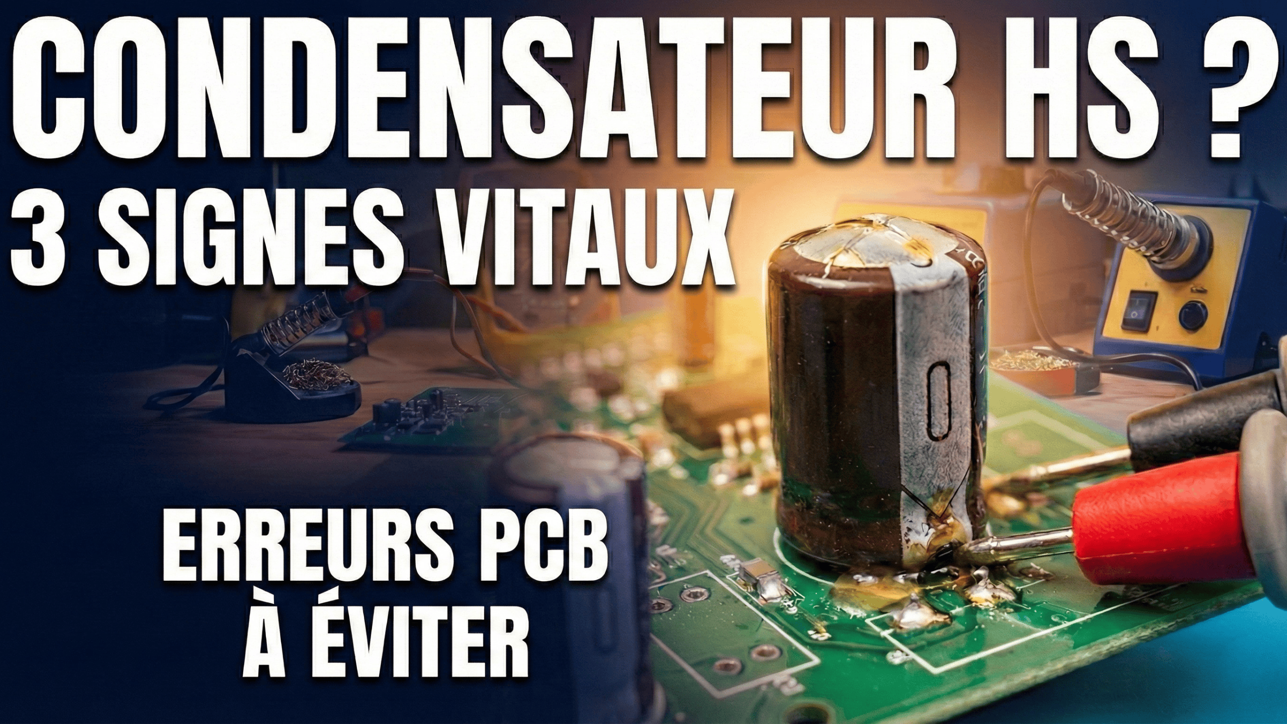 Panne condensateur ?Condensateur HS gonflé sur une carte électronique illustrant une erreur de conception PCB.