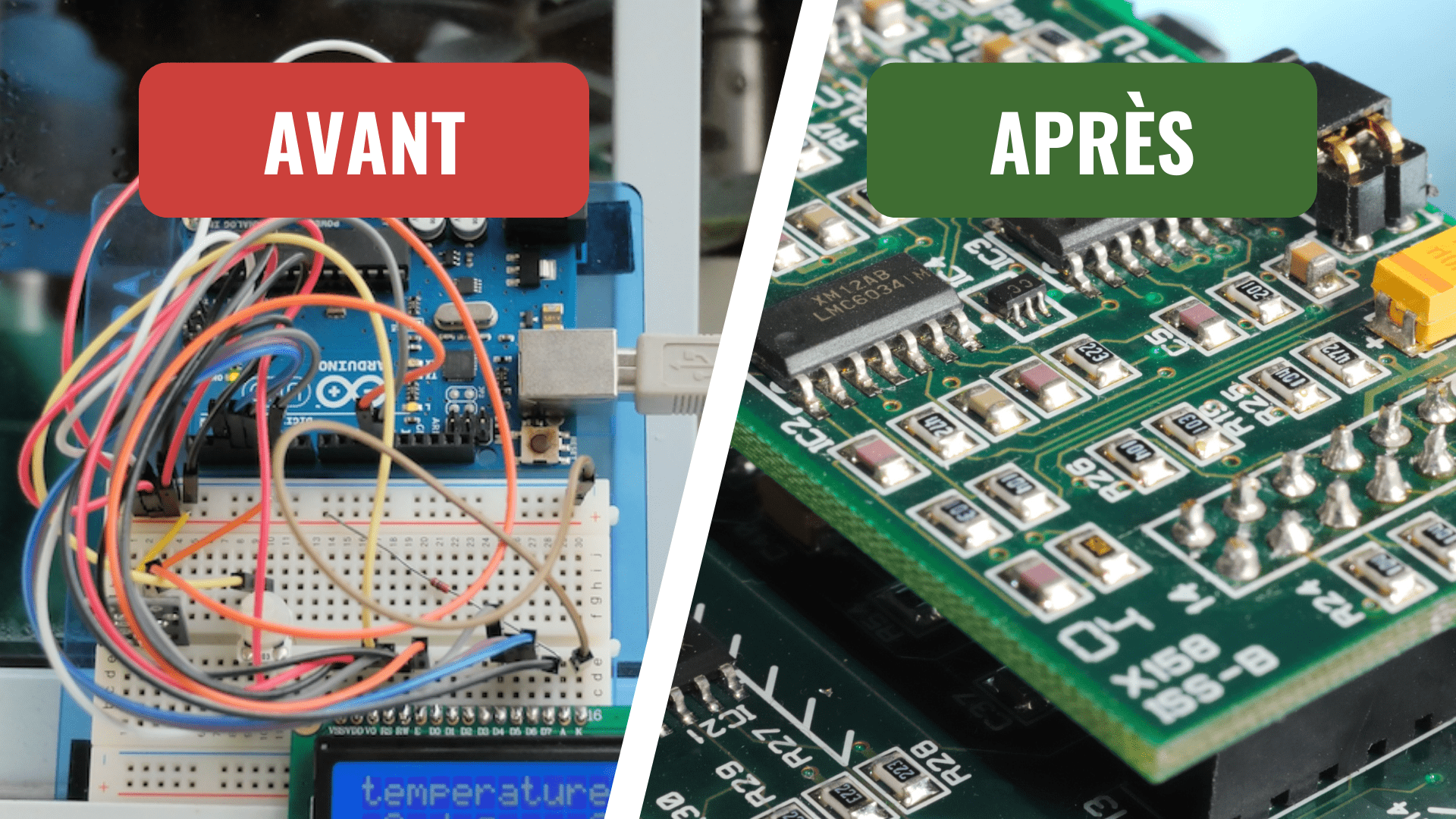 Comparaison visuelle Avant/Après illustrant la transition d'un prototype électronique complexe câblé sur une breadboard vers un circuit imprimé PCB professionnel et assemblé.