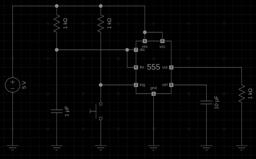 Schéma électronique d'un circuit en fonction monostable NE555 avec composants RC, bouton poussoir et alimentation 5V.