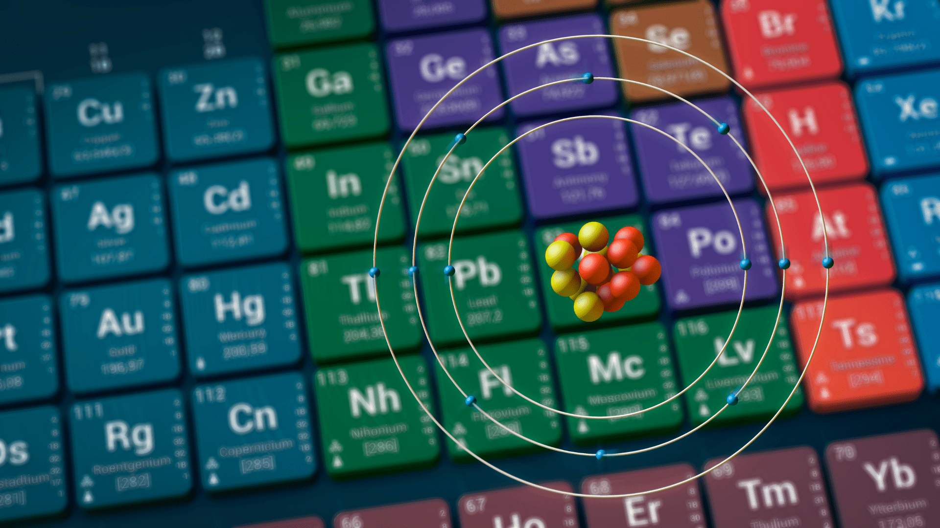 Illustration 3D d'un modèle atomique montrant un noyau central et des orbites circulaires où gravite chaque électron, devant un tableau périodique des éléments coloré et flou.