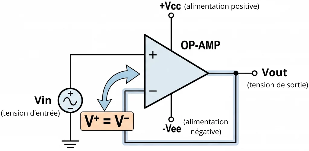 Schéma électrique d'un amplificateur opérationnel en montage suiveur, illustrant le principe du court-circuit virtuel avec l'égalité des tensions d'entrée V+ = V-.