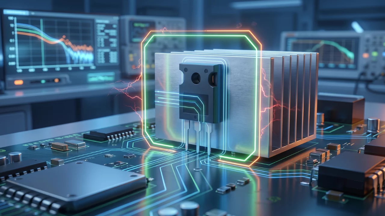 Transistor de puissance sur dissipateur thermique avec représentation lumineuse des limites de la SOA en laboratoire.