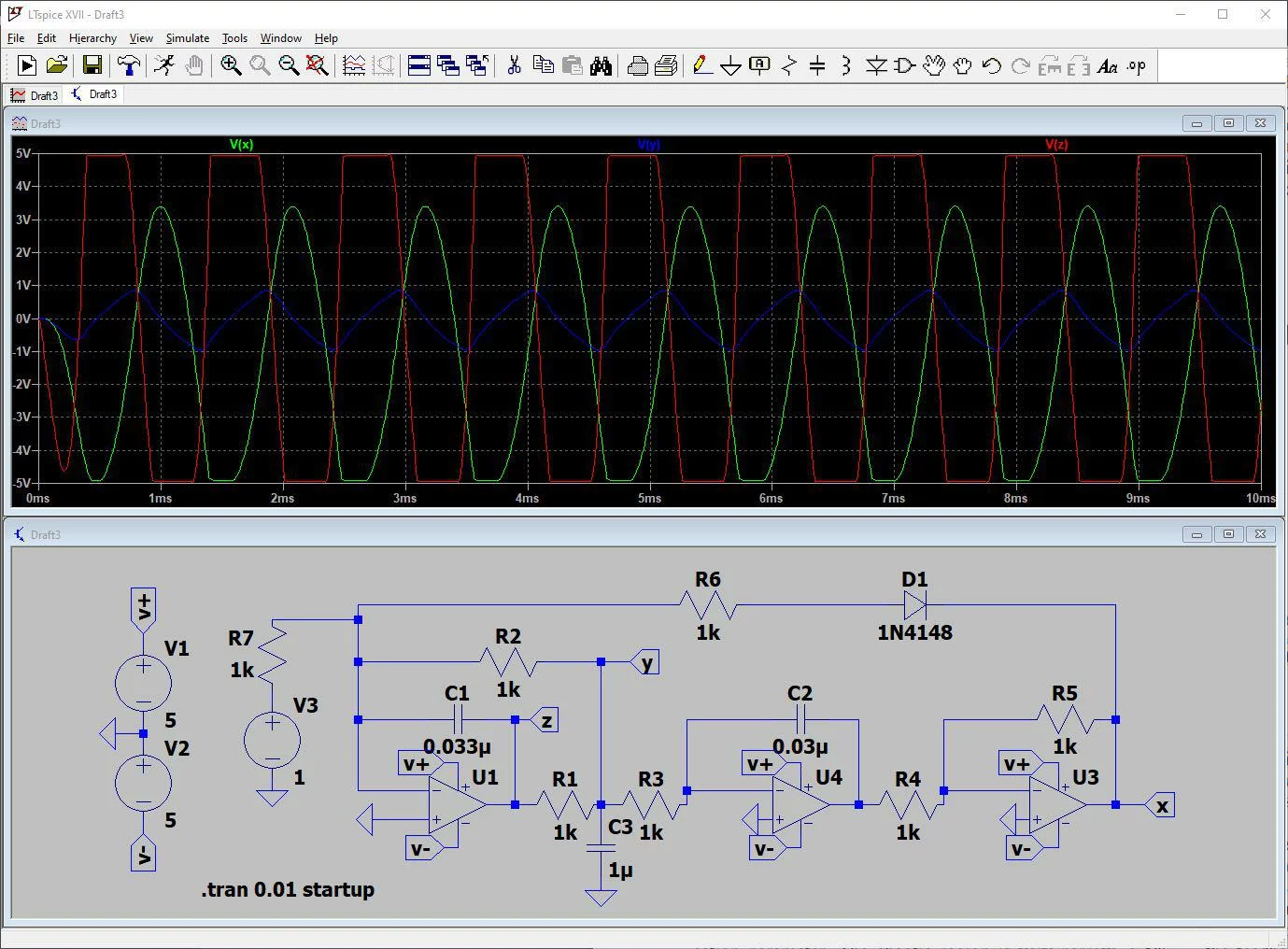Capture d'écran de l'interface de simulation LTspice affichant un schéma de circuit oscillateur à déphasage multi-étage et son graphique d'analyse temporelle correspondante.