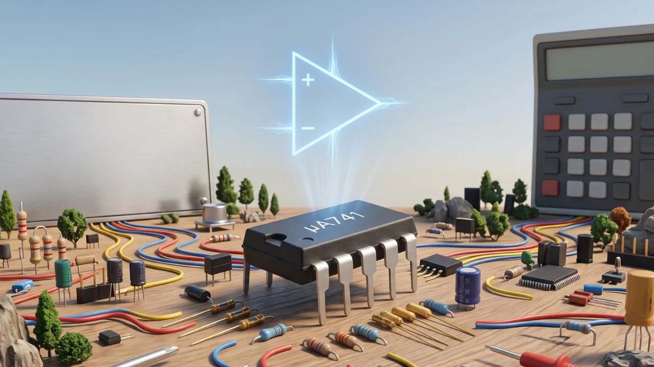 Photographie très détaillée d'un paysage miniature sur une surface en bois. Au centre, une puce de circuit intégré μA741, un amplificateur opérationnel classique, est le point focal. Au-dessus, une projection lumineuse et luminescente du symbole de l'amplificateur opérationnel (triangle + et -) flotte. Le paysage est composé de fils colorés serpentant, de résistances, de condensateurs et d'arbres miniatures. Un tournevis et des pointes de touche de multimètre sont au premier plan, et une calculatrice et un panneau en acier sont en arrière-plan.